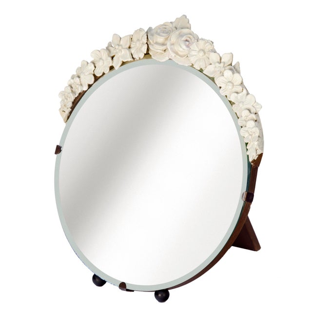 Original Art Deco antique English round beveled Barbola mirror with flowers that flow across the top, now finished in...