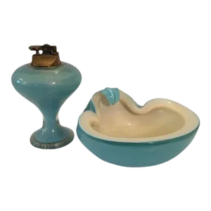 1950s Alfredo Barbini Hand Blown Blue Murano Glass Tabletop Lighter & Ashtray Smoke Set Filled With 22k Gold Flecking