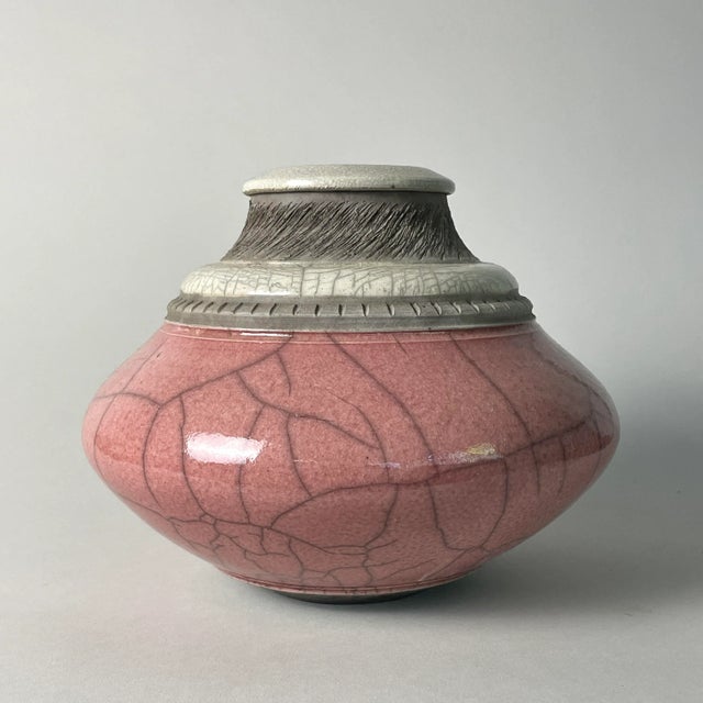 Contemporary Vintage Pink Raku Fired Incised Ceramic Vessel, Signed (1993) For Sale - Image 3 of 9