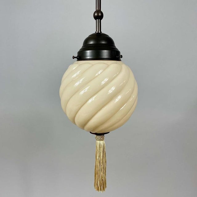 Art Deco Opaline Glass and Burnished Brass Pendants, Germany 1930s, Set of 2 For Sale - Image 13 of 17
