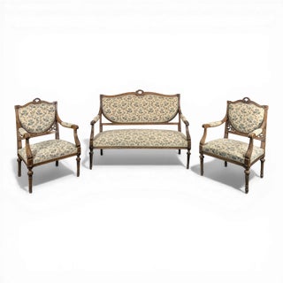 Louis XVI Style Living Room Set with Escutcheon Backrests, 19th Century, Set of 3 For Sale