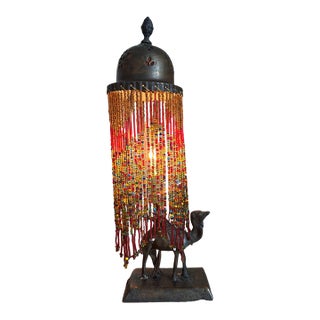 Vintage Middle Eastern-Style Camel Table Lamp With Colorful Glass Bead Fringe For Sale