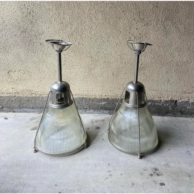 Industrial style pendant lights by Hudson Valley Lighting in satin nickle. 11.5” in diameter 21” tall (measured to top of...