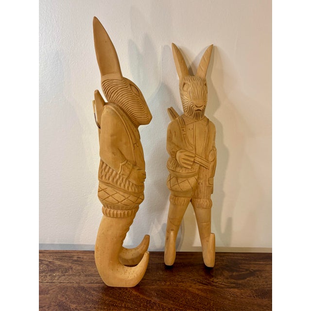 Wood Vintage Hand Carved Wooden Rabbit Wall Hooks, Coat Rack, Pair, Philippines For Sale - Image 7 of 9
