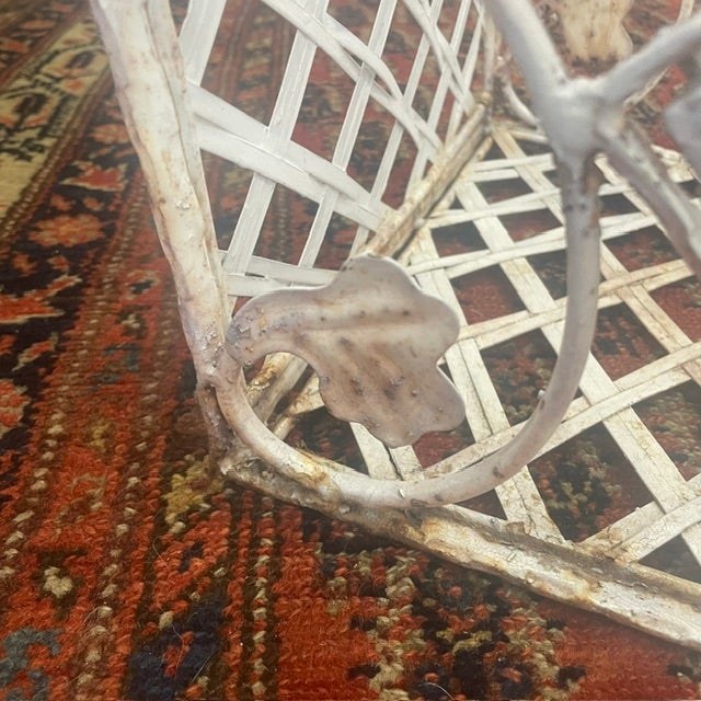 Vintage Victorian French Style White Iron / Lattice Rectangle Basket W/ Leaves/Tiles & Fixed Handle For Sale - Image 11 of 18