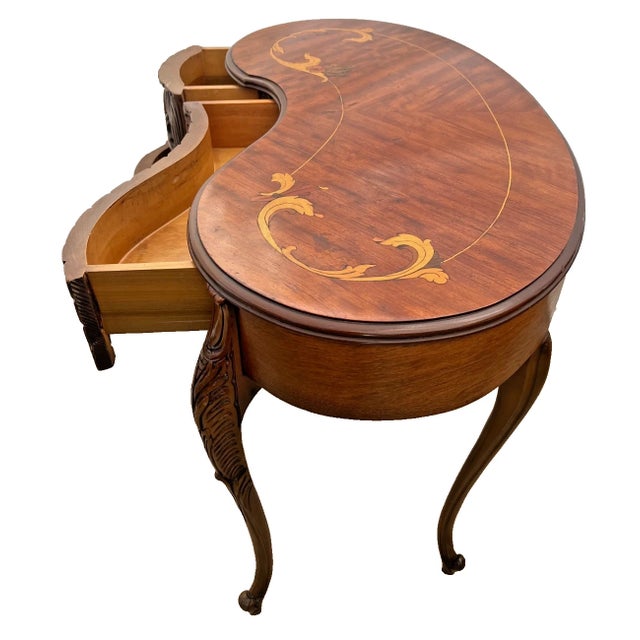 Wood Vintage French Desk Kidney Shaped Vanity Three Carved Drawers Inlays Petite Size For Sale - Image 7 of 13
