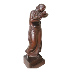 Auguste Bauer 1927 Wood Carving Sculpture Motherhood