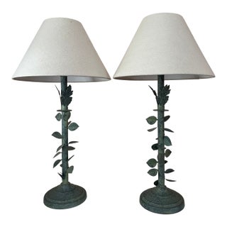 Pair of Vintage Verdigris Lamps With Linen Shades For Sale