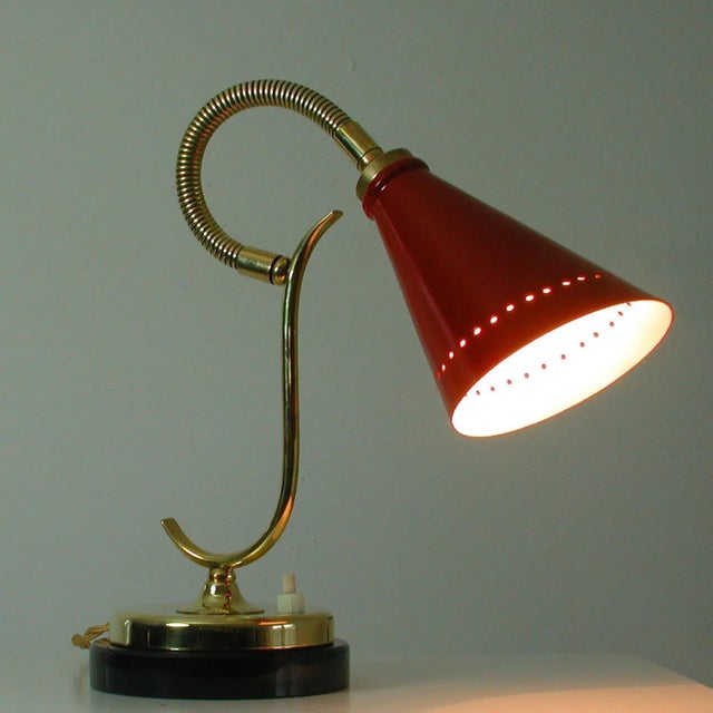 Mid-Century French Red Brass and Marble Gooseneck Table Lamp, 1950s For Sale - Image 10 of 13