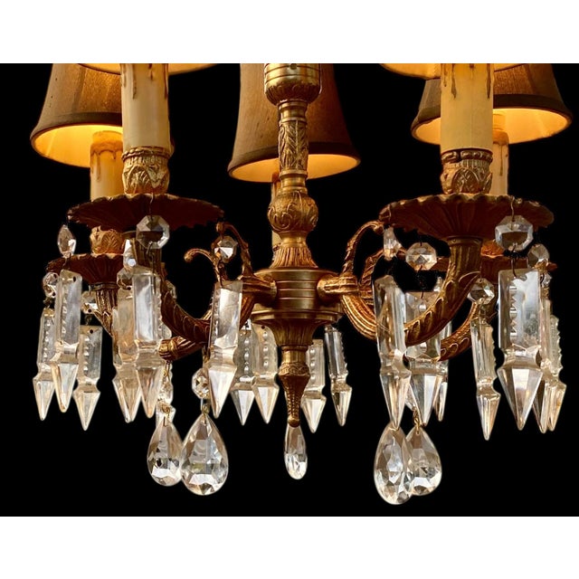 Textile 1950s Petite Vintage Cast Brass Five Light Chandelier With Silk Shades For Sale - Image 7 of 14