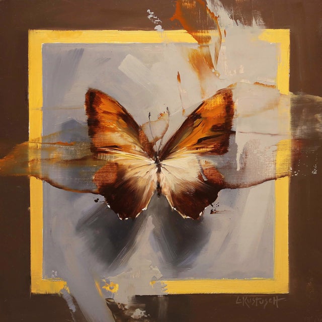 Contemporary The Sunset Morpho on Shades of Slate & Umber by Lindsey Kustusch | Oil on wood panel Butterfly on a brown background For Sale - Image 3 of 3