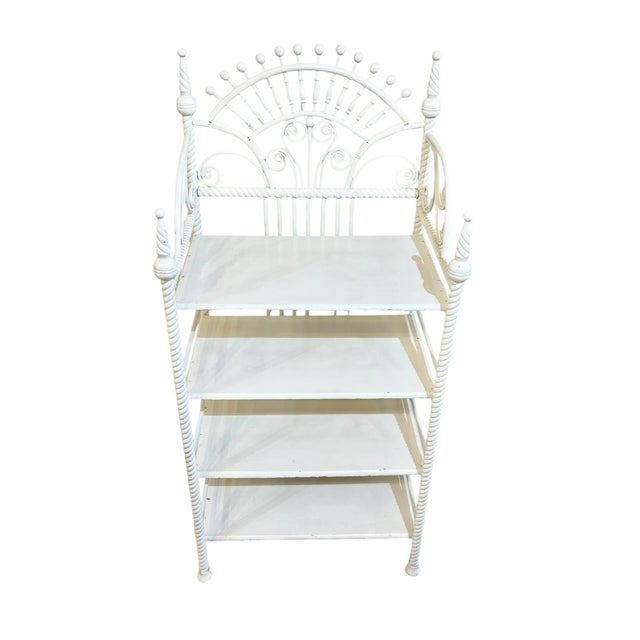 Wood Antique French Provincial Style White Painted Wicker Stick and Ball Etagere Shelf For Sale - Image 7 of 17