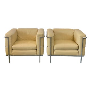 1960s Leather & Chrome Club Chairs Le Corbusier L C 2 Style - A Pair For Sale