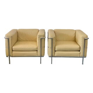 1960s Leather Chrome Club Chairs Le Corbusier L C 2 Style - A Pair For Sale