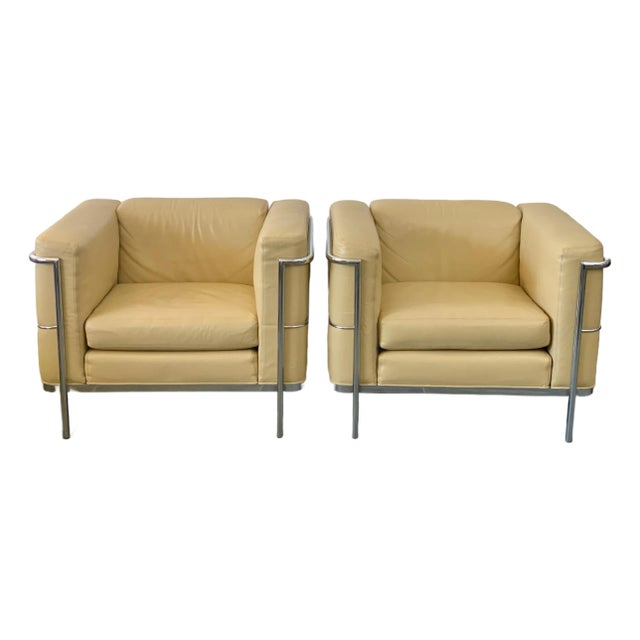1960s Leather Chrome Club Chairs Le Corbusier L C 2 Style - A Pair For Sale