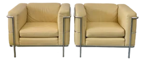 1960s Leather Chrome Club Chairs Le Corbusier L C 2 Style - A Pair