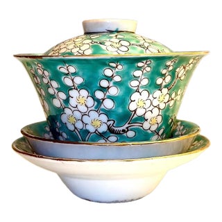 Chinese Gaiwan Lidded Tea Cup, Saucer and Plate For Sale