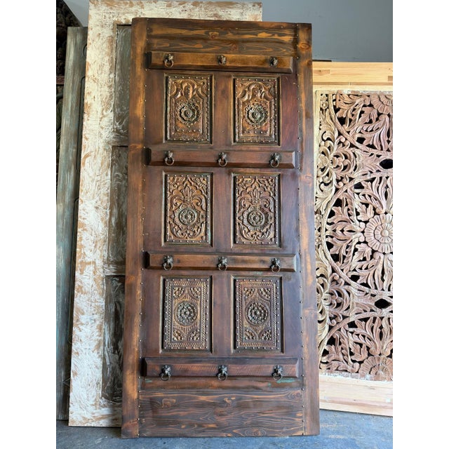 Wood Antique Indian Carved Wood Door With Brass Studs – Rustic Hinged or Sliding Barn Door 96 For Sale - Image 7 of 8