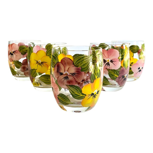 Hand Painted Stemless Wine Glasses / Tumblers With Mauve & Mustard Pansies - Set of 5 For Sale