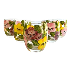 Hand Painted Stemless Wine Glasses / Tumblers With Mauve & Mustard Pansies - Set of 5