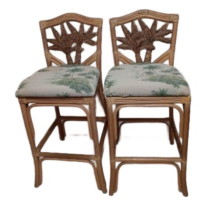 1980s Bamboo Barstool Palm Design Set of 2 For Sale