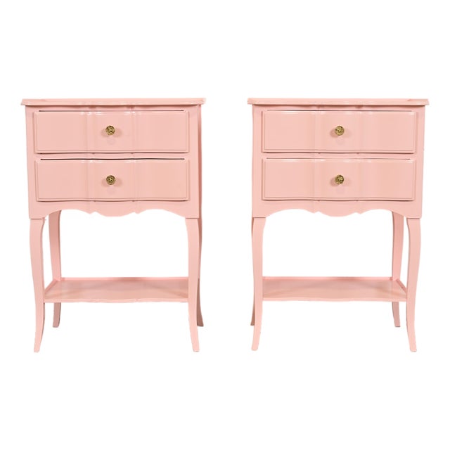 John Widdicomb French Provincial Louis XV Pink Lacquered Nightstands, Newly Refinished For Sale