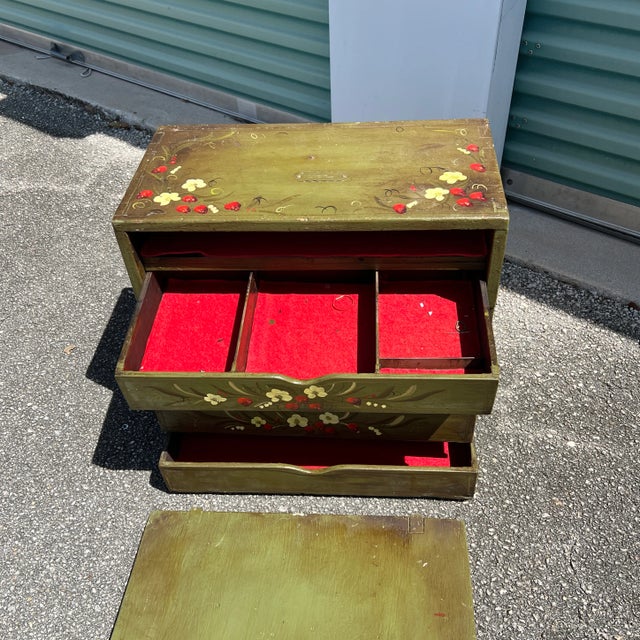 Wood Vintage Green Floral Jewlery Box Signed For Sale - Image 7 of 11