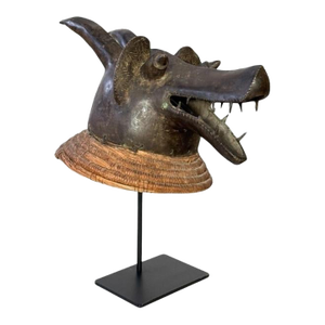 African Ethnographic Mambila Bronze Suaga Dog Head Mask Tribal Art Sculpture