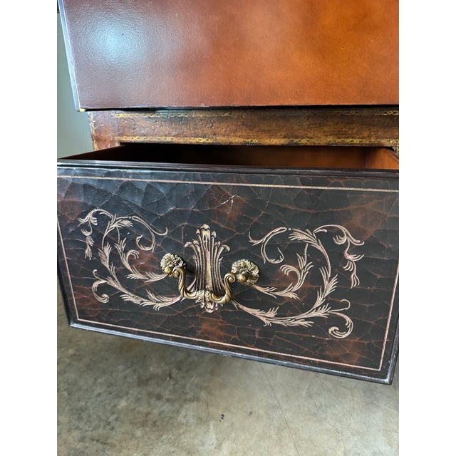 Chestnut Vintage Maitland-Smith Embossed Leather & Lacquer Armoire / Bar Cabinet For Sale - Image 8 of 11