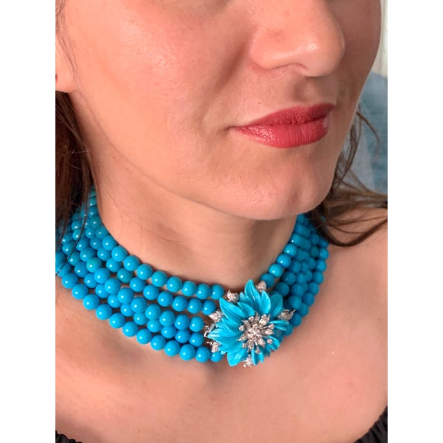 Blue Natural Sleeping Beauty Turquoise Necklace Five-Strand and Diamond French Clasp For Sale - Image 8 of 8