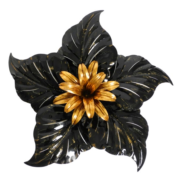 Large Black and Gilt Metal Floral 5-Arm Ceiling Lamp by Hans Kögl, 1980s For Sale