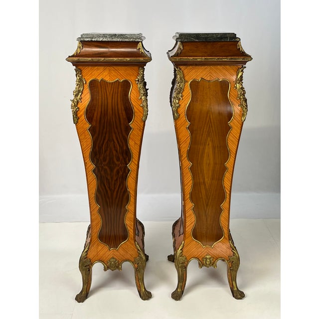 Wood Pair of Mid-20th Century French Rococo Style Marquetry & Ormolu Pedestals With Green Marble Tops For Sale - Image 7 of 16