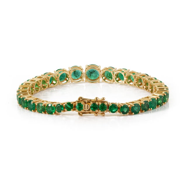 18k Yellow Gold 12.9ct Round Natural Emerald Art Deco Bracelet, 6 Inch by VRJewels For Sale - Image 9 of 17