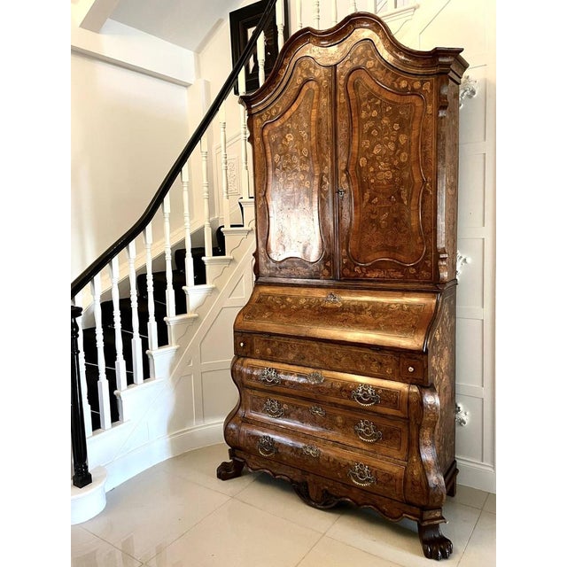 18th Century Dutch Marquetry Inlaid Burr Walnut Bureau Bookcase, 1780s For Sale - Image 3 of 18