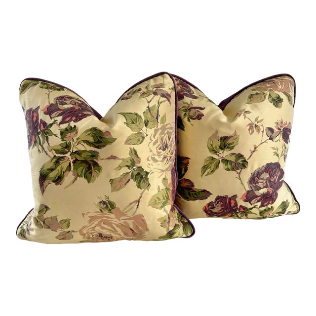 Set of 2 Silk Floral Pillows in Bernard Thorp Fabric For Sale