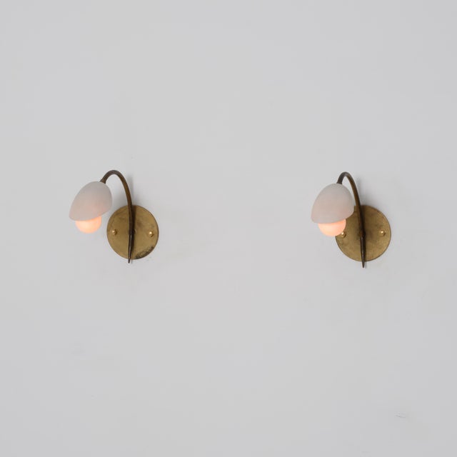 Italian Curved Brass and Opaline Glass Sconces, 1950s, Set of 2 For Sale - Image 4 of 13