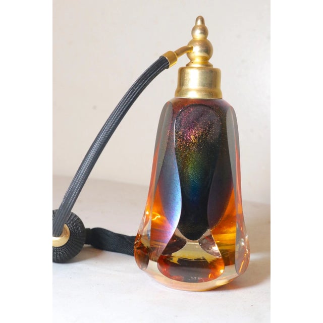 1990s 1990s Signed Hand Blown Studio Iridescent Art Glass Brass Perfume Bottle Atomizer Jar For Sale - Image 5 of 11