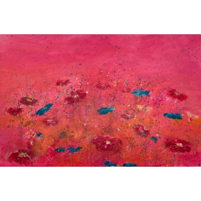 Hot Pink Abstract Turquoise & Red Flowers on Pink Background - Unique Original Art by British Contemporary Artist, 2021 For Sale - Image 8 of 13