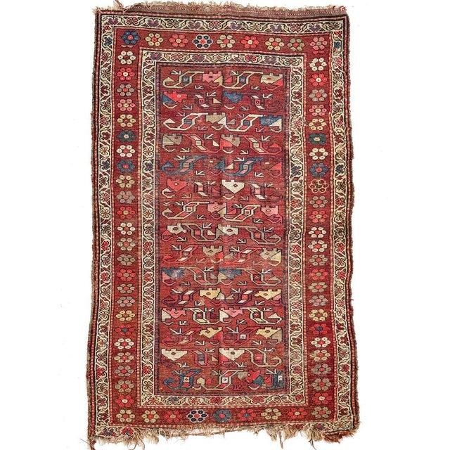 Persian Antique Kurdish with Flower Border Variations of Reds Rug 3.9 x 5.10 For Sale - Image 3 of 10