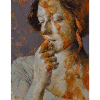In and of a Clown World by Dana Hawk | Oil on panel Portrait of a woman with orange hair and textured skin. For Sale