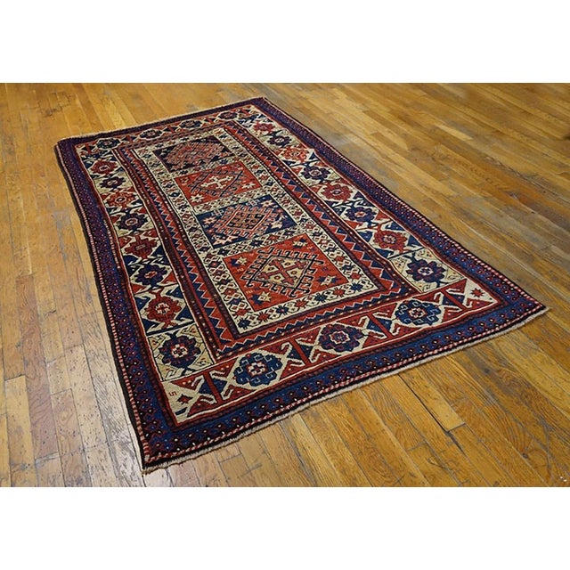 1880s Ivory Red Diamond Tribal Hand Knotted Antique Caucasian Kazak Rug 3'8" X 6'9" Wool Carpet For Sale - Image 4 of 5