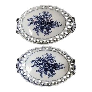 English 1st Period Dr. Wall Worcester Soft Paste Porcelain Pine Cone Oval Baskets - A Pair