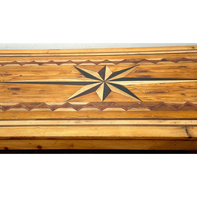Spanish Colonial Revival Marquetry Farmhouse Dining Table, Compass Star Inlay For Sale In Greensboro - Image 6 of 14