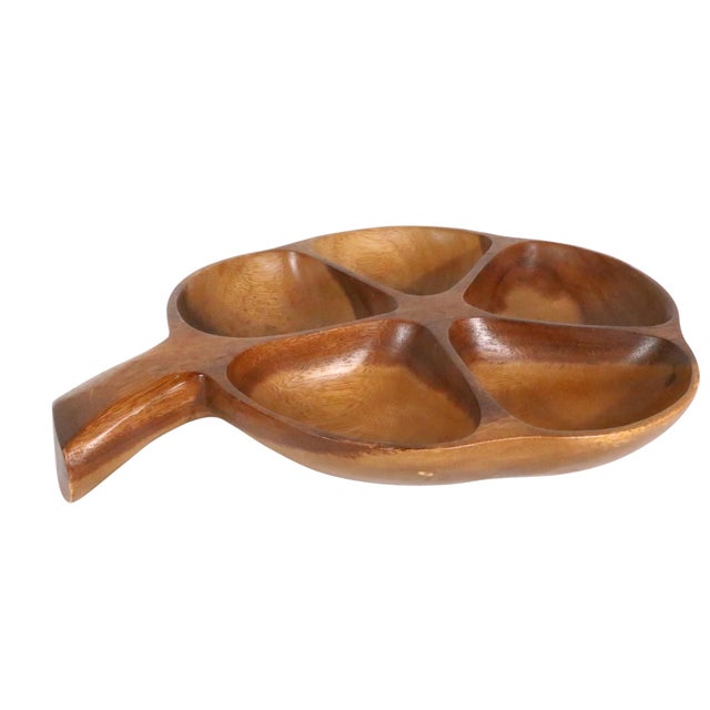 Hand carved solid wood serving dish, of leaf form with five separate interior bowls. Made in the Philippines, mid 20th...