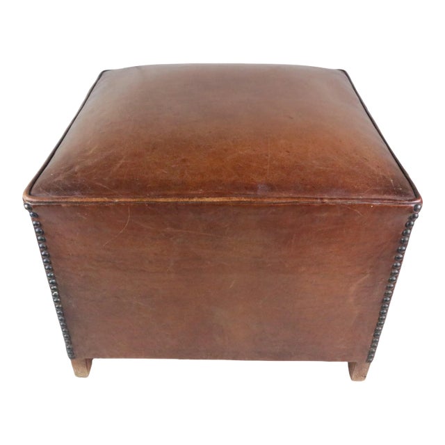 Mid 20th Century French Leather Club Pouf For Sale