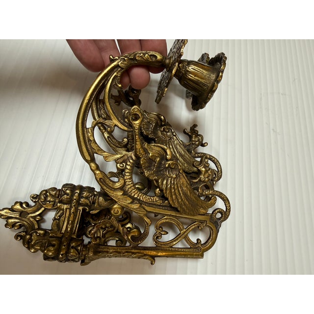 Metal Antique Ornate Brass Double Arm Piano Sconce For Sale - Image 7 of 12