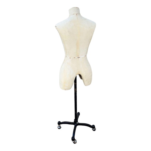1990s Adult Female White Linen Dress Form Mannequin on Iron Base W/ Wheels Size 8 For Sale - Image 5 of 8