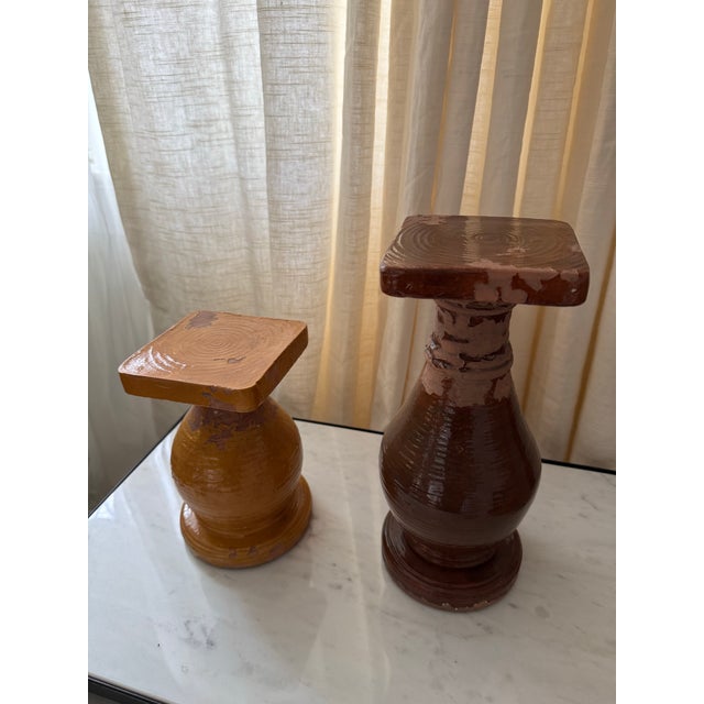 2010s Pottery Barn Tuscan Terra Cotta Pillar Candle Holders- Set of 2 For Sale - Image 5 of 6