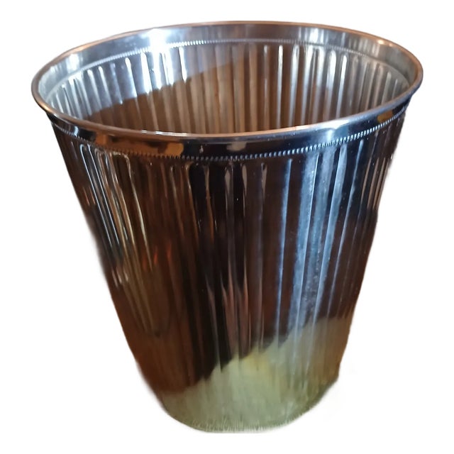 Vintage 90s Chrome Plated Fluted Metal Trash Bin Wastebasket For Sale