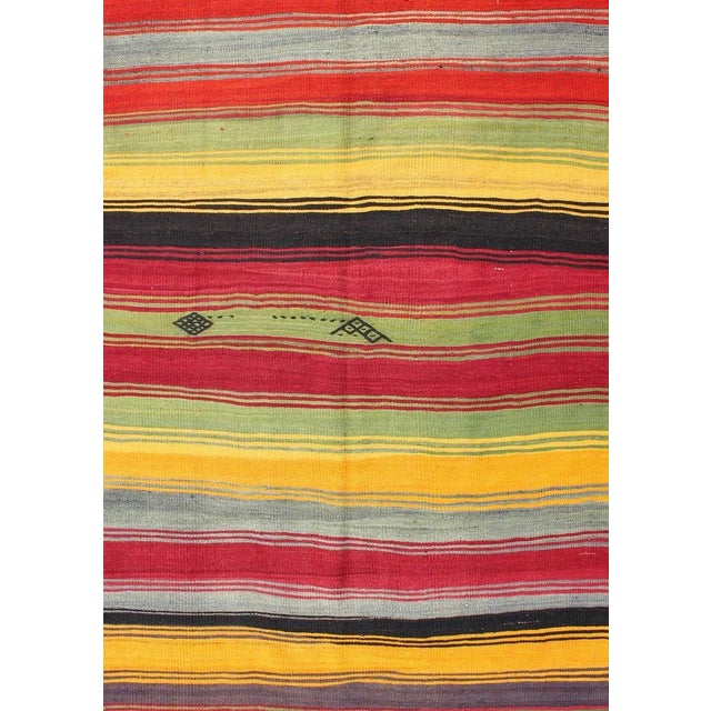 Tribal Mid 20th Century Bright & Colorful Vintage Turkish Kilim Rug in Stripes Design With Vivid Colors For Sale - Image 3 of 11